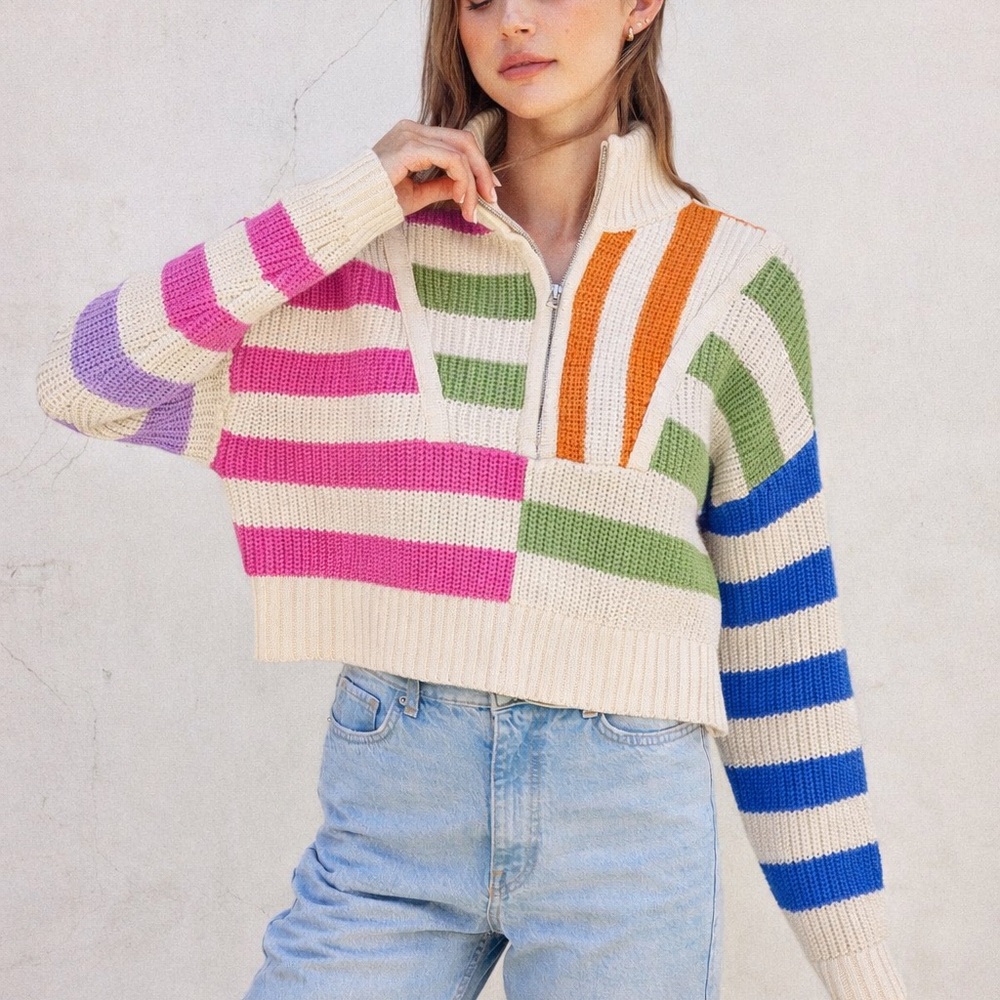 Sincerly Jules 90s Retro Knit Striped Quarter-Zip Sweater Y2K Small